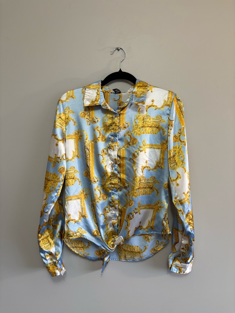 Baroque Style Print Tie Front Blouse Blue & Gold Long Sleeve Size Small